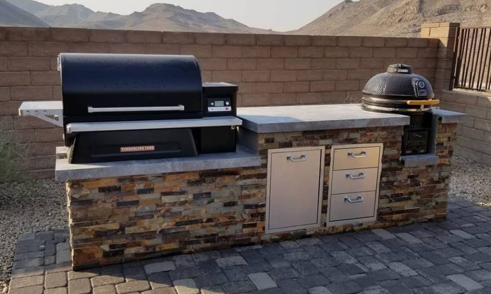 outdoor kitchen, outdoor kitchens, outdoor living, ourdoor living space, custom outdoor kitchen, custom outdoor kitchens, las vegas, nevada, traeger, timberline 1300, butterscotch stacked stone, kamado, kamado b-series, kamado b series, vision grills, traeger grills, professional outdoor kitchens, bbq, bbq islands, bbq island, barbecue island, barbecue islands